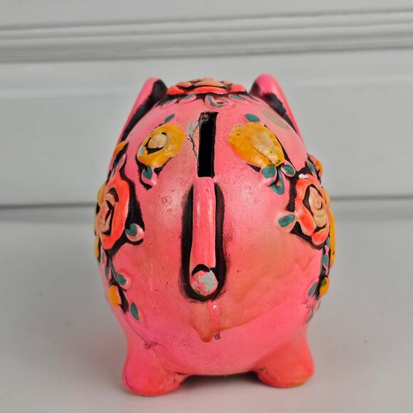 VTG 1968 hot pink elephant bank Japan floral Holiday Fair - Picture 4 of 9